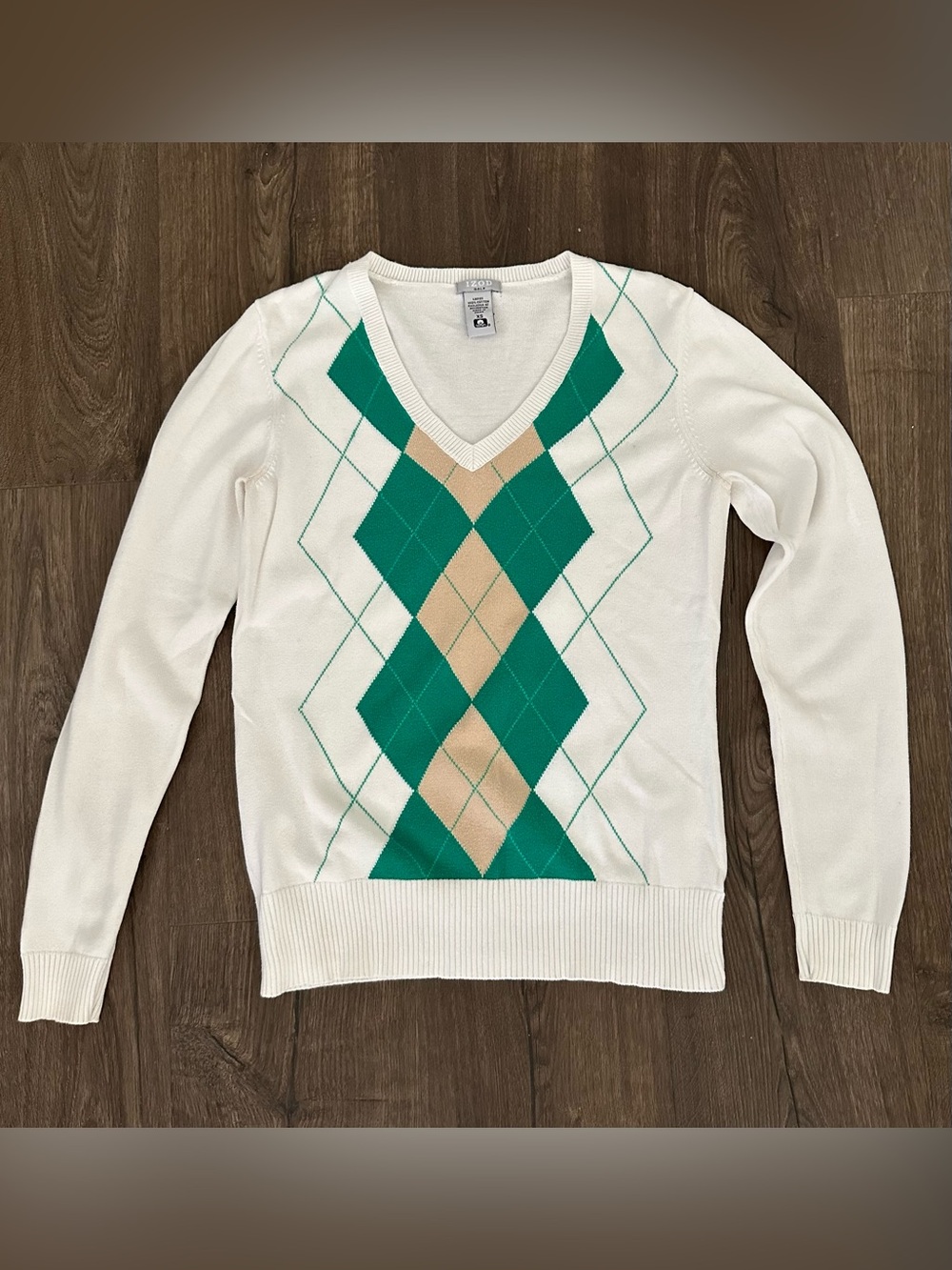 Izod White V-Neck Sweater with Green & Tan Argyle
